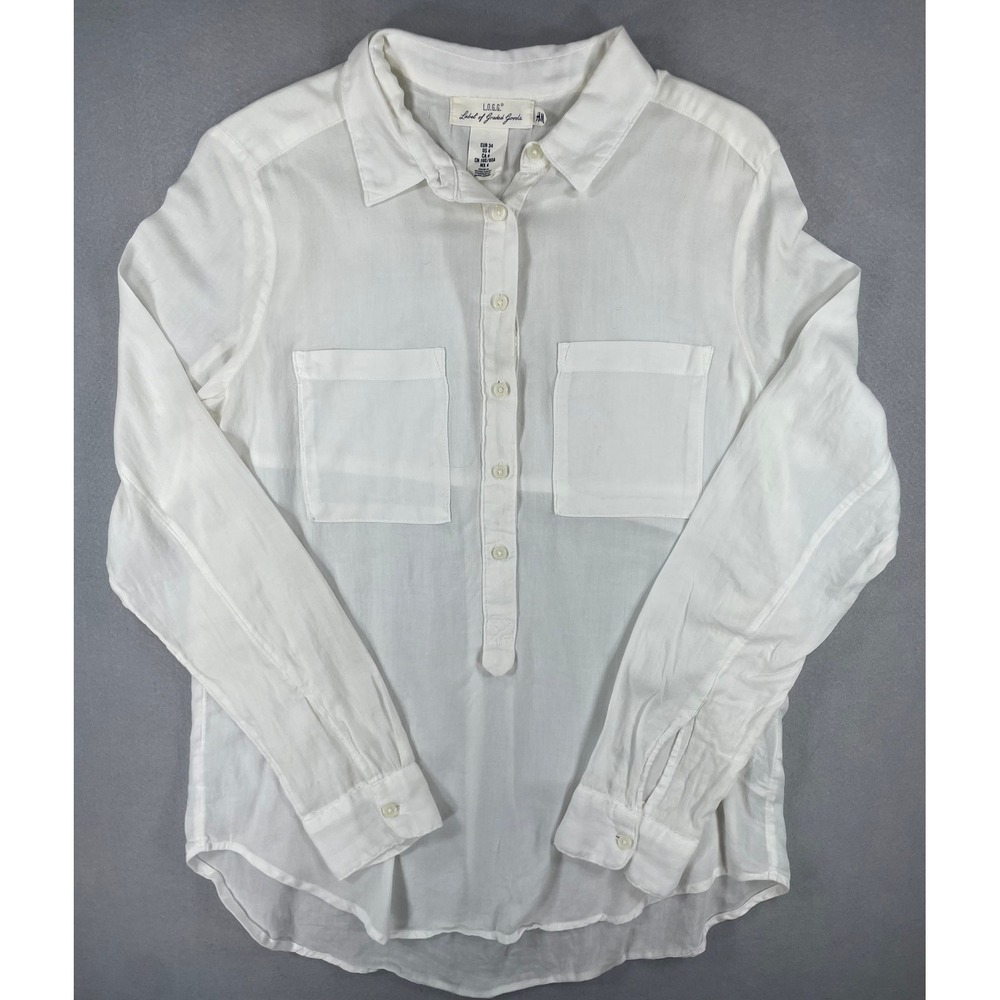 H&M L.O.G.G. Womens Button Down Shirt Popover White Solid Cotton Blend Size 4
